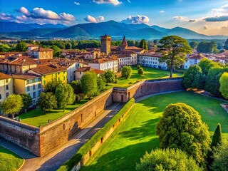 Panoramic View of Lucca's Historic Renaissance City Walls, Tuscany, Italy