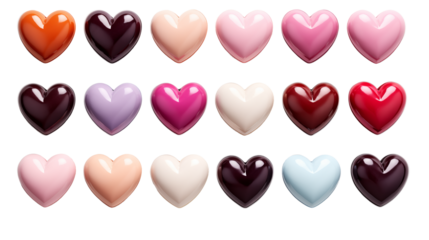 Collection of Colorful Heart Shapes on Black Background, studio view, isolated on transparent background.