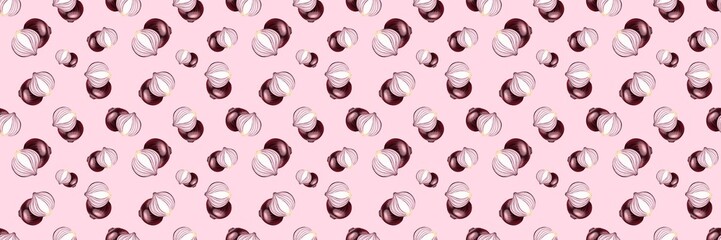 Hand drawn set of designs and patterns. Semi realistic illustrations. Illustrations of red onions for poster, prints, menu, card or textile