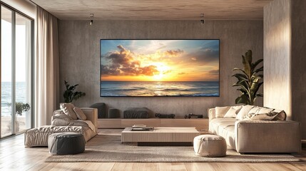 Stylish open concept living area featuring striking sunset wall art and modern neutral furniture