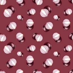 Hand drawn set of designs and patterns. Semi realistic illustrations. Illustrations of red onions for poster, prints, menu, card or textile
