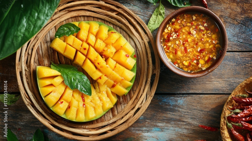 Poster a rustic wooden table with a plate of sliced sour mangoes and a bowl of sweet fish sauce, garnished 