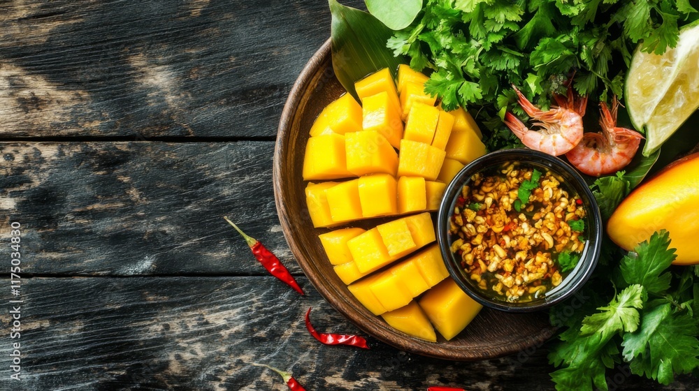 Aufkleber a rustic wooden table with a plate of sliced sour mangoes and a bowl of sweet fish sauce, garnished 