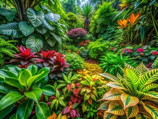 Obraz premium Panoramic View of Lush Green Plants, Abundant Foliage, Vibrant Nature, Detailed Texture, Asian Botanical Garden