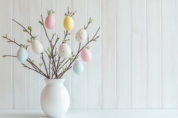 Decorated Easter Eggs on Branches in a Vase on wooden background decorative easter eggs on a light wooden background. Easter-themed background with place for text	