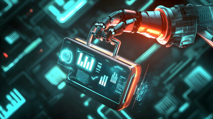 A glowing robotic arm holding a digital briefcase with holographic business tools, surrounded by abstract data patterns