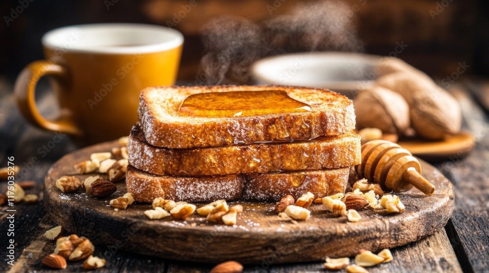 Poster a rustic wooden table with a slice of honey toast, drizzled with honey and sprinkled with chopped nu