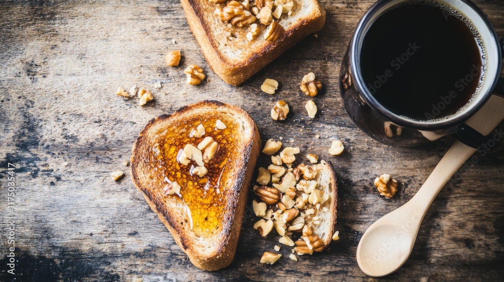 Poster a rustic wooden table with a slice of honey toast, drizzled with honey and sprinkled with chopped nu