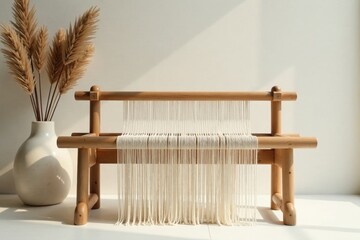 Wooden Bench with Hanging Yarn Ready for Weaving