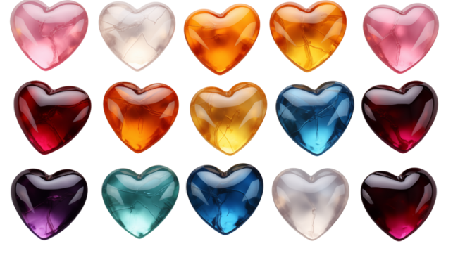 Collection of Colorful Cracked Glass Hearts on Black, studio view, isolated on transparent background.