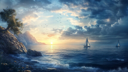 Serene ocean scene with soft atmosphere in atmospheric tones 