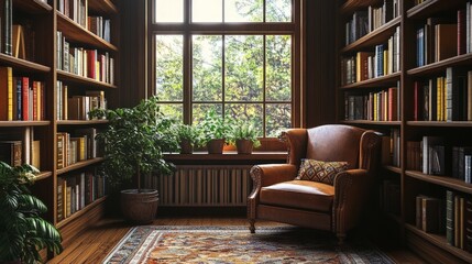 Cozy Library Interior with Armchair and Natural Light Streaming In