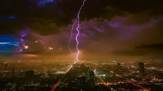 Lightning and thunder over the city at night, glaring and spectacular lightning, thunderstorms