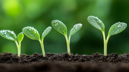 A close-up of vibrant green seedling sprouts emerging from rich, dark soil, with tiny dew drops clinging to their delicate leaves