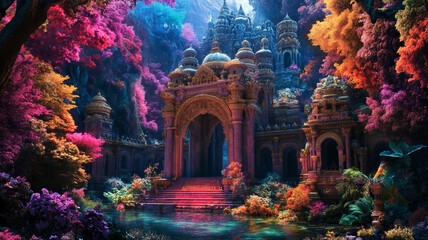 Fototapeta premium Ornate scene with vibrant colors in a fantasy setting 