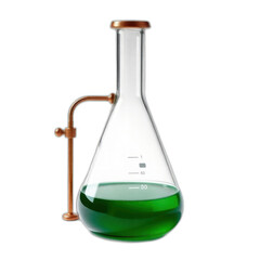 Green liquid in glass flask, science experiment, lab setting, research.