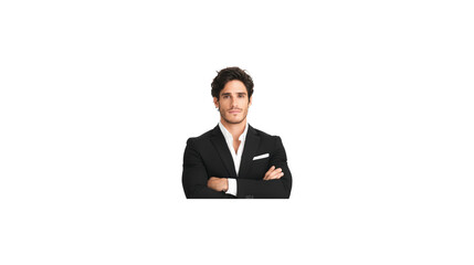 A man in a suit and tie is standing with his arms crossed. He looks confident and professional. transparent background