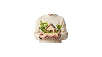 A person is holding a small house in their hands. The house is made of wood and has a white roof. The person is wearing a sweater and he is holding the house with care. transparent background