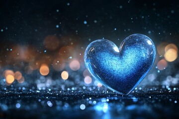 Obraz premium Romantic 3d glowing blue heart on dark background with bokeh lights for valentine s day decor