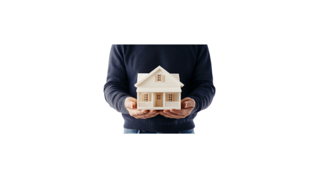 A person is holding a small house in their hands. The house is made of wood and has a white roof. The person is wearing a sweater and he is holding the house with care. transparent background