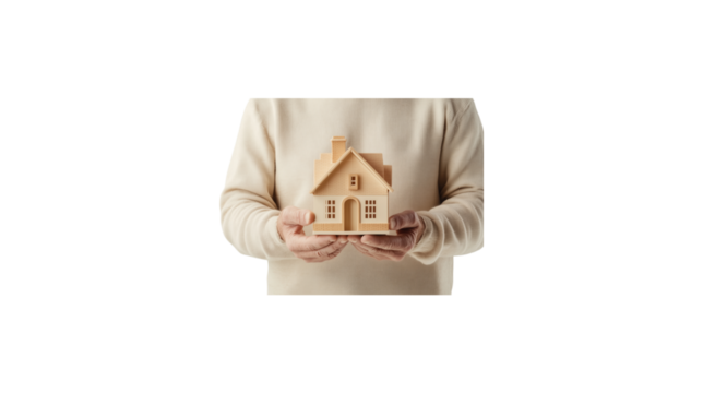 A person is holding a small house in their hands. The house is made of wood and has a white roof. The person is wearing a sweater and he is holding the house with care. transparent background
