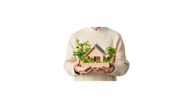 A person is holding a small house in their hands. The house is made of wood and has a white roof. The person is wearing a sweater and he is holding the house with care. transparent background