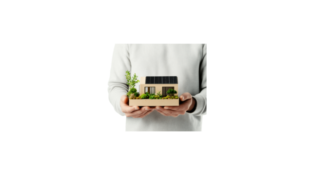 A person is holding a small house in their hands. The house is made of wood and has a white roof. The person is wearing a sweater and he is holding the house with care. transparent background - Powered by Adobe
