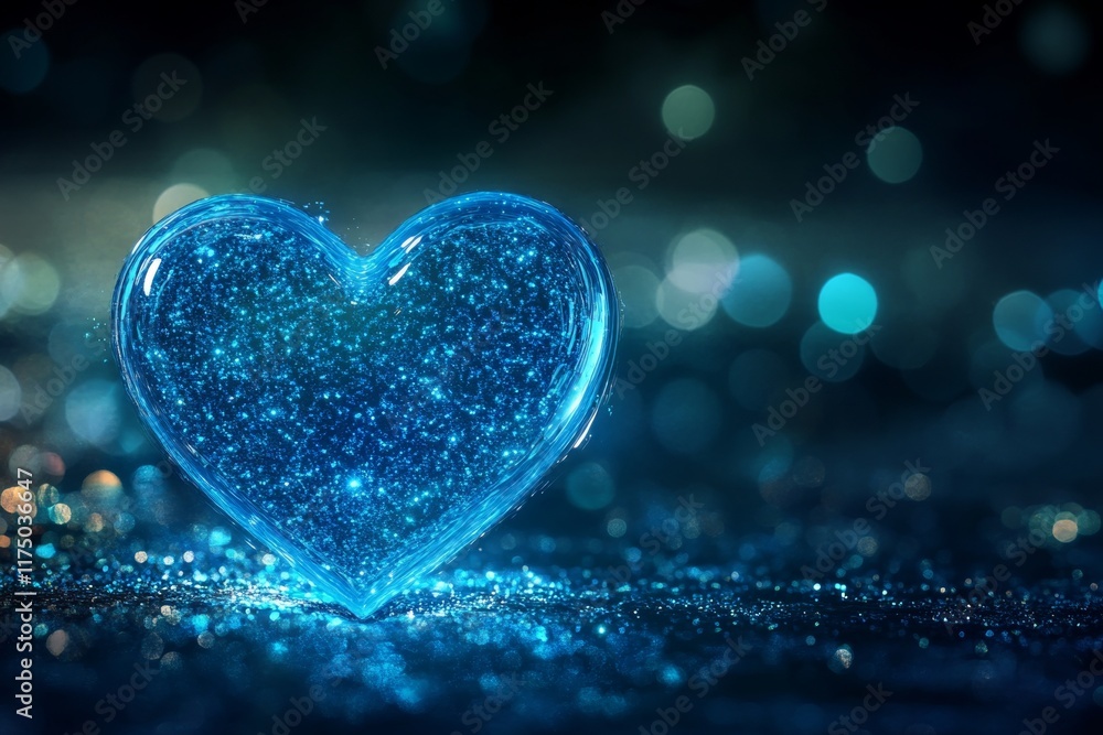 Poster blue heart shaped hologram of glowing particles against a dark abstract background with bokeh effect
