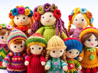 Fototapeta premium Handmade Knitted Dolls Isolated on White Background - Perfect for Craft Projects
