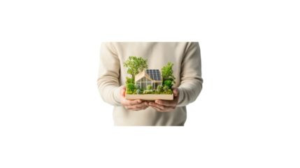 A person is holding a small house in their hands. The house is made of wood and has a white roof. The person is wearing a sweater and he is holding the house with care. transparent background
