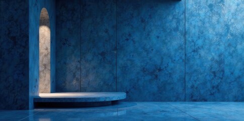 Serene Blue Architectural Setting with Circular Platform and Archway Niche