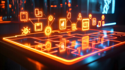 A well-lit digital table displaying glowing business icons, interconnected through neon pathways, emphasizing AI-driven networking
