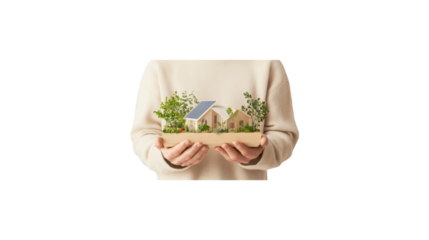 A person is holding a small house in their hands. The house is made of wood and has a white roof. The person is wearing a sweater and he is holding the house with care. transparent background