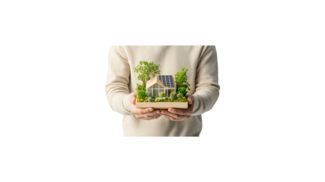 A person is holding a small house in their hands. The house is made of wood and has a white roof. The person is wearing a sweater and he is holding the house with care. transparent background