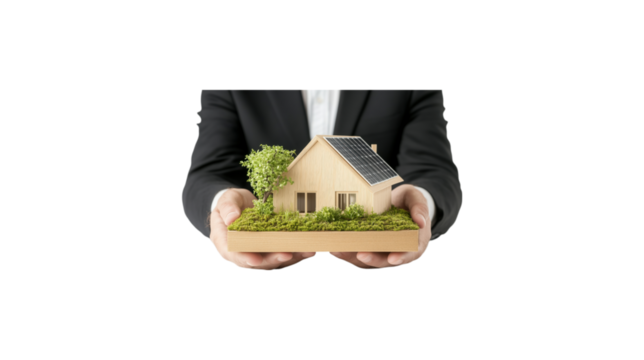A person is holding a small house in their hands. The house is made of wood and has a white roof. The person is wearing a sweater and he is holding the house with care. transparent background