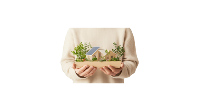 A person is holding a small house in their hands. The house is made of wood and has a white roof. The person is wearing a sweater and he is holding the house with care. transparent background