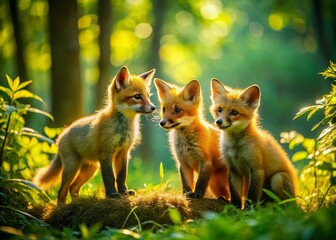 Panoramic View of Playful Red Fox Kits in Lush Green Forest