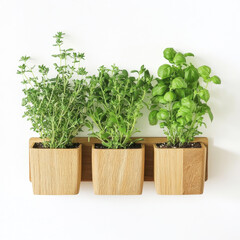 Fototapeta premium Wall mounted wooden herb garden with fresh thyme, oregano, and basil. Perfect for adding greenery to kitchens and enhancing culinary experiences