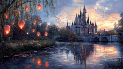 Obraz premium Magical castle by a tranquil river at sunrise with lanterns.