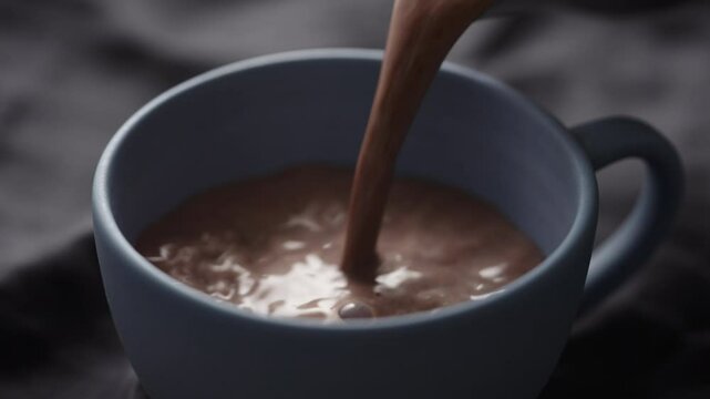 Slow motion pour hot chocolate into blue cup closeup