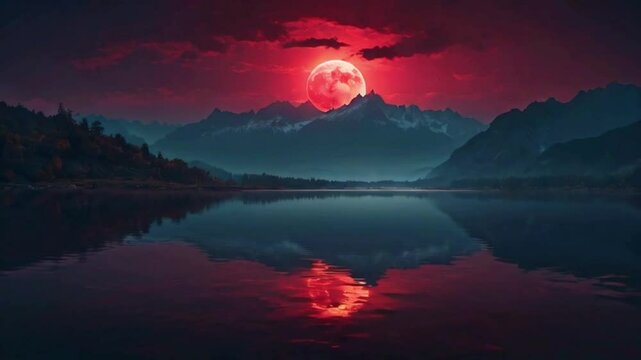 The red moon partially swirling clouds, soft crimson glow lake towering mountains background, anime or cartoon illustration style, 4k landscape animation video