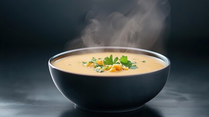 Deliciously Steaming Bowl of Creamy Soup with Fresh Herbs Evoking Warmth and Comfort Perfect for Cozy Meals and Inviting Dining Experiences