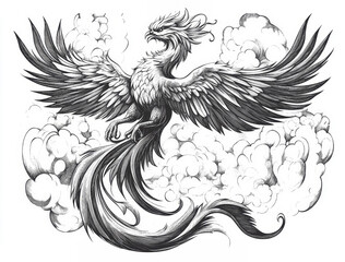 Obraz premium Majestic Phoenix in Flight - A grayscale illustration of a phoenix soaring amidst stylized clouds, symbolizing rebirth, freedom, power, transformation, and grace.