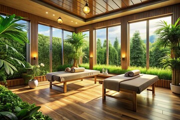Panoramic View of Serene Massage Spa Interior with Natural Light
