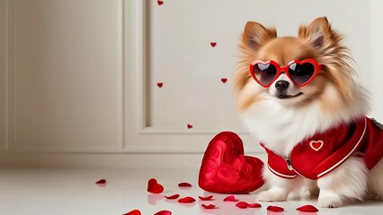 Cute Pomeranian dog wearing red suit and heart shaped sunglasses surrounding with rose petals on beige background. Pet in Romantic Valentine's day concept
