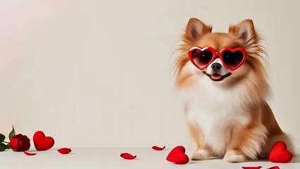 Cute Pomeranian dog wearing heart shaped glasses sit among red rose petals on soft beige background with copy space. Pet in Romantic Valentine's day concept