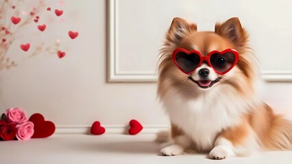 Cute Pomeranian dog wearing sunglasses sitting front of beige wall background decorated by rose flower and red heart, selective focus. Lovely pet in Valentine's day concept