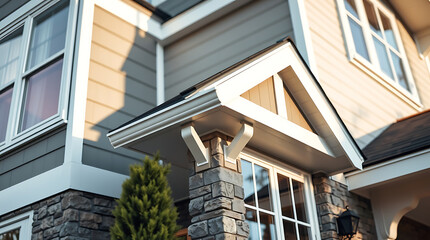 House Exterior Detail: Gray Siding, White Trim, and Stonework