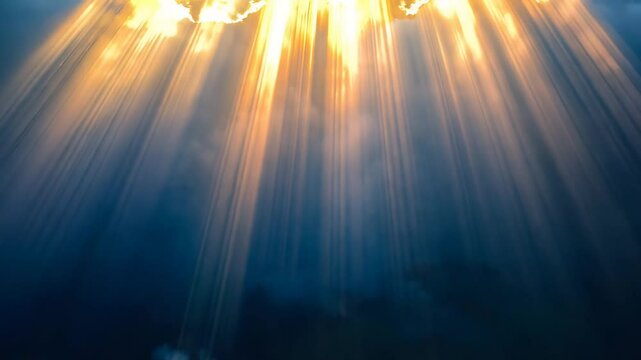 Beautiful landscape of cloudscape with large, building clouds and sunset behind shining sun rays, rays of light, and eventually breaking through cloud mass.
