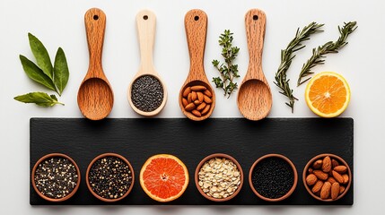 Flatlay of various ingredients in wooden spoons and bowls.